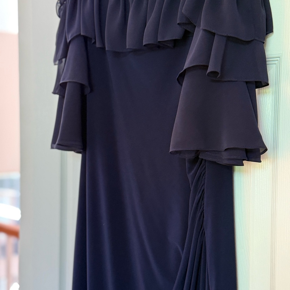 Joseph Ribkoff Blue Asymmetrical Off-the-Shoulder Cocktail Dress
